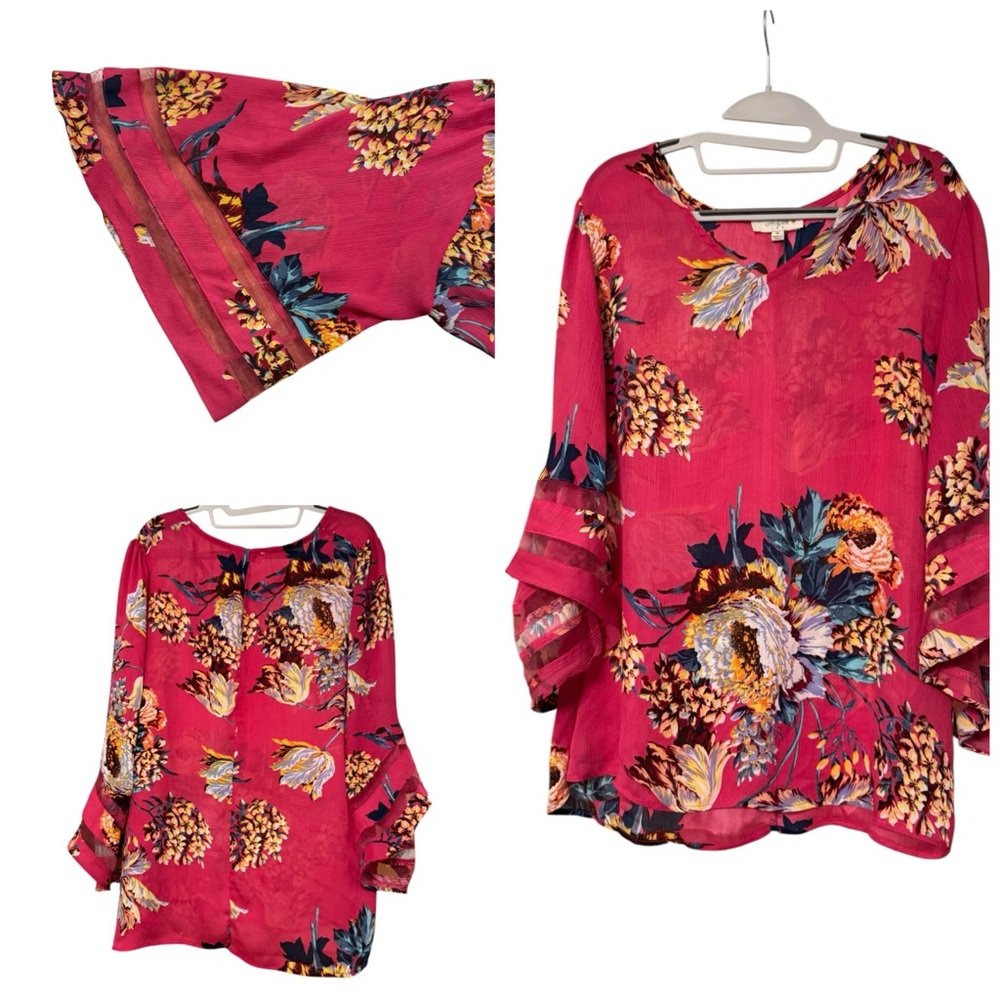 Umgee Hot Pink Floral Bell Sleeve Blouse XL - Picture 3 of 7